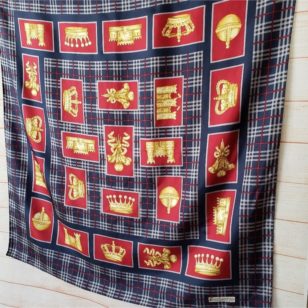 Burberrys Vintage 100% Silk Plaid Crown Print Scarf Luxury Designer - Picture 2 of 4